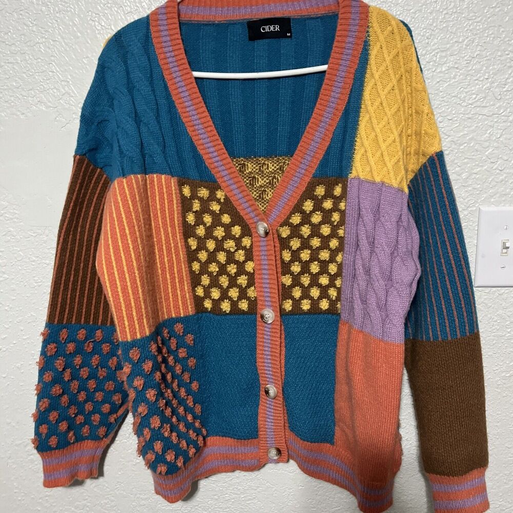 Woman’s Cider Patchwork Coogi Style Button Up Sweater Size M, Fits L Or XL